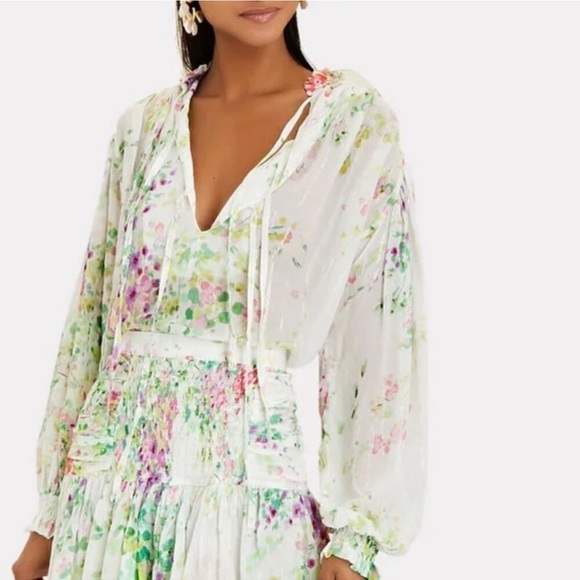 SABINA MUSAYEV Bazooka Puff Sleeve Tie Top In White Floral - Picture 2 of 9